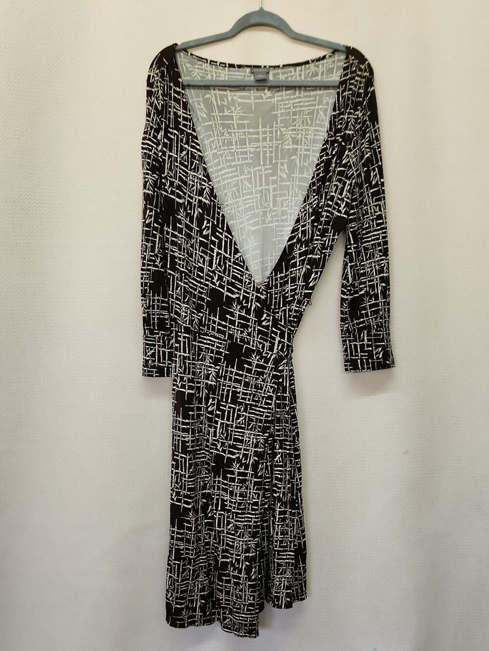 Ann Taylor Brown and White Wrap-Style Long Sleeve Dress